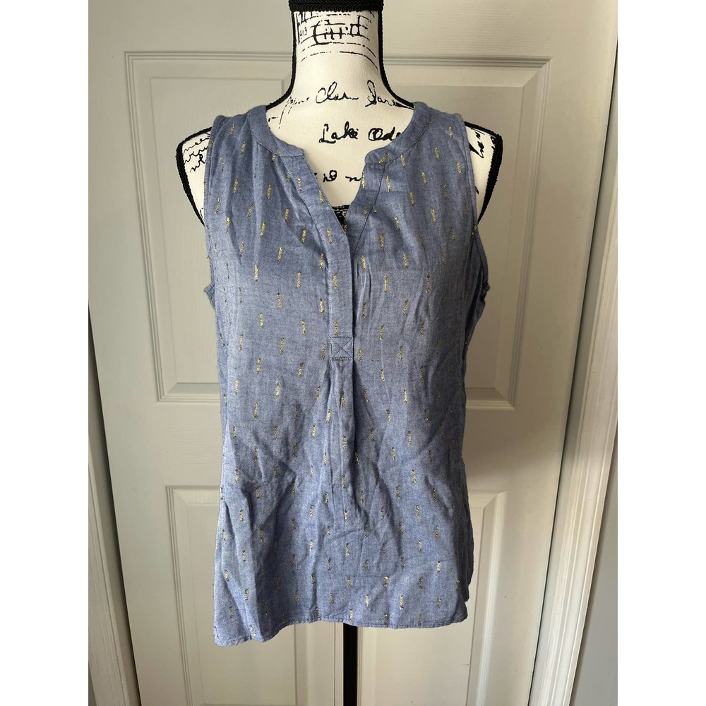 Crown & Ivy sleeveless Icon Peasant lined Shirt Blue/Gold Size Medium NWT